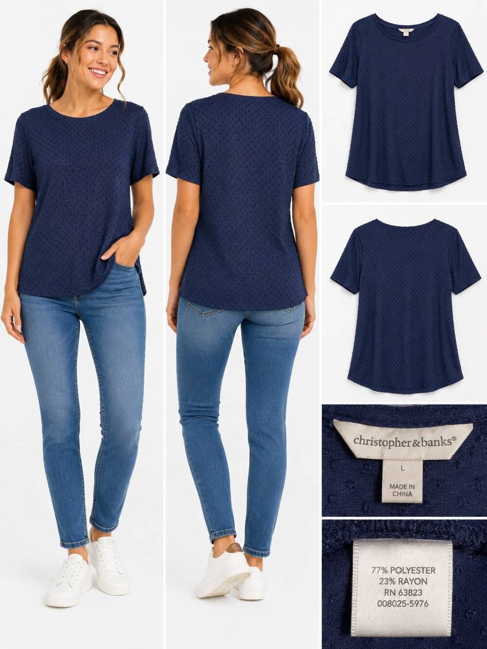 Christopher & Banks Navy Blue Dot Texture Knit Top Size L Short Sleeve Pullover